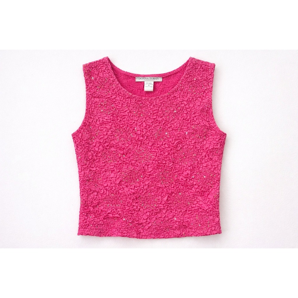 Donna Toran Popcorn M Pink Sequin Crinkle‎ Floral Tank Y2K Event Formal Sparkle